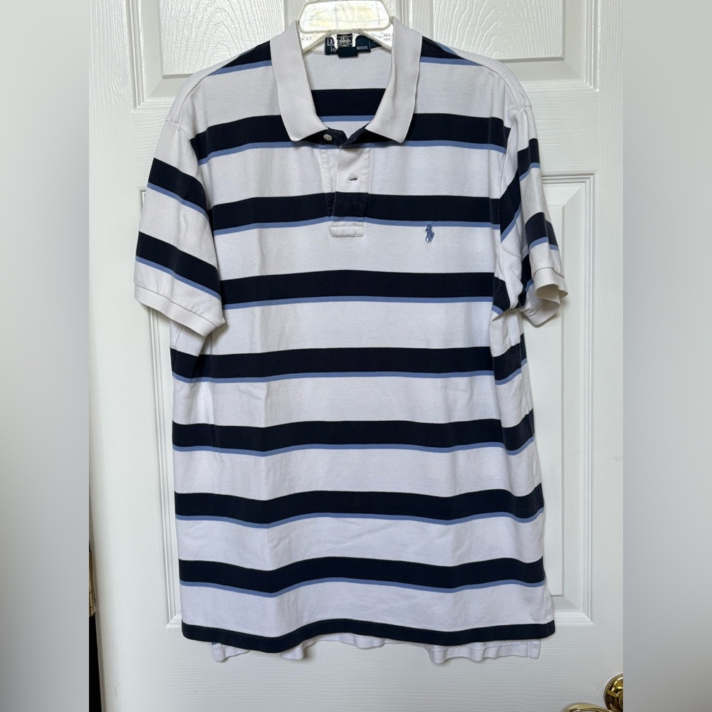 Men’s Sz. XL Polo Ralph Lauren Blue & White Striped 100% Cotton Pique Mesh Shirt